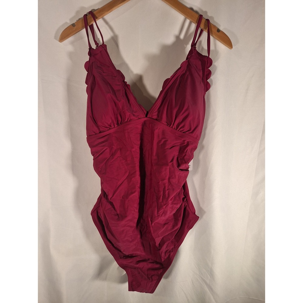 Charmo Maternity One Piece Swimsuit Wine Red Scallop V Neck Ruched‎ Large NEW